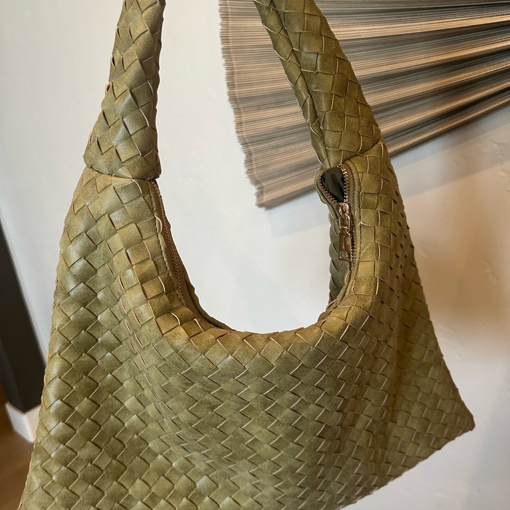 Elegant Olive Green Woven Hobo Bag